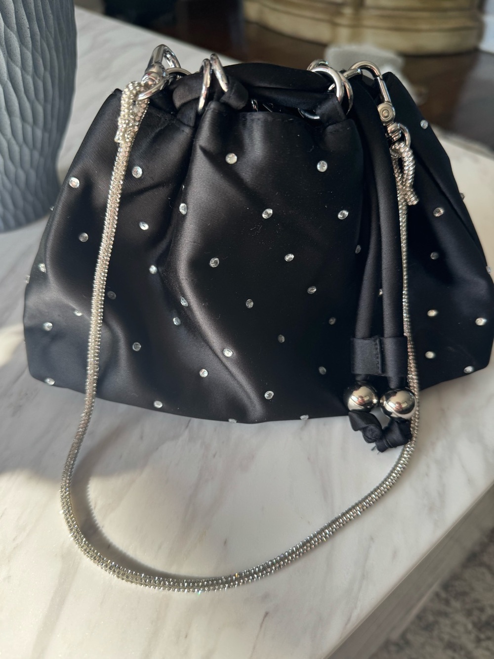 J.Crew crystal embellished black satin drawstring evening bag delicate chain